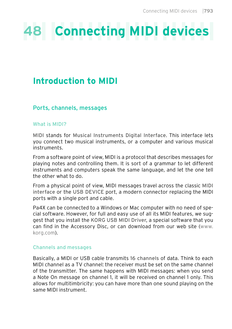 Connecting midi devices, Introduction to midi, 793 introduction to midi | 48 connecting midi devices | KORG PA4X 76 User Manual | Page 797 / 1074