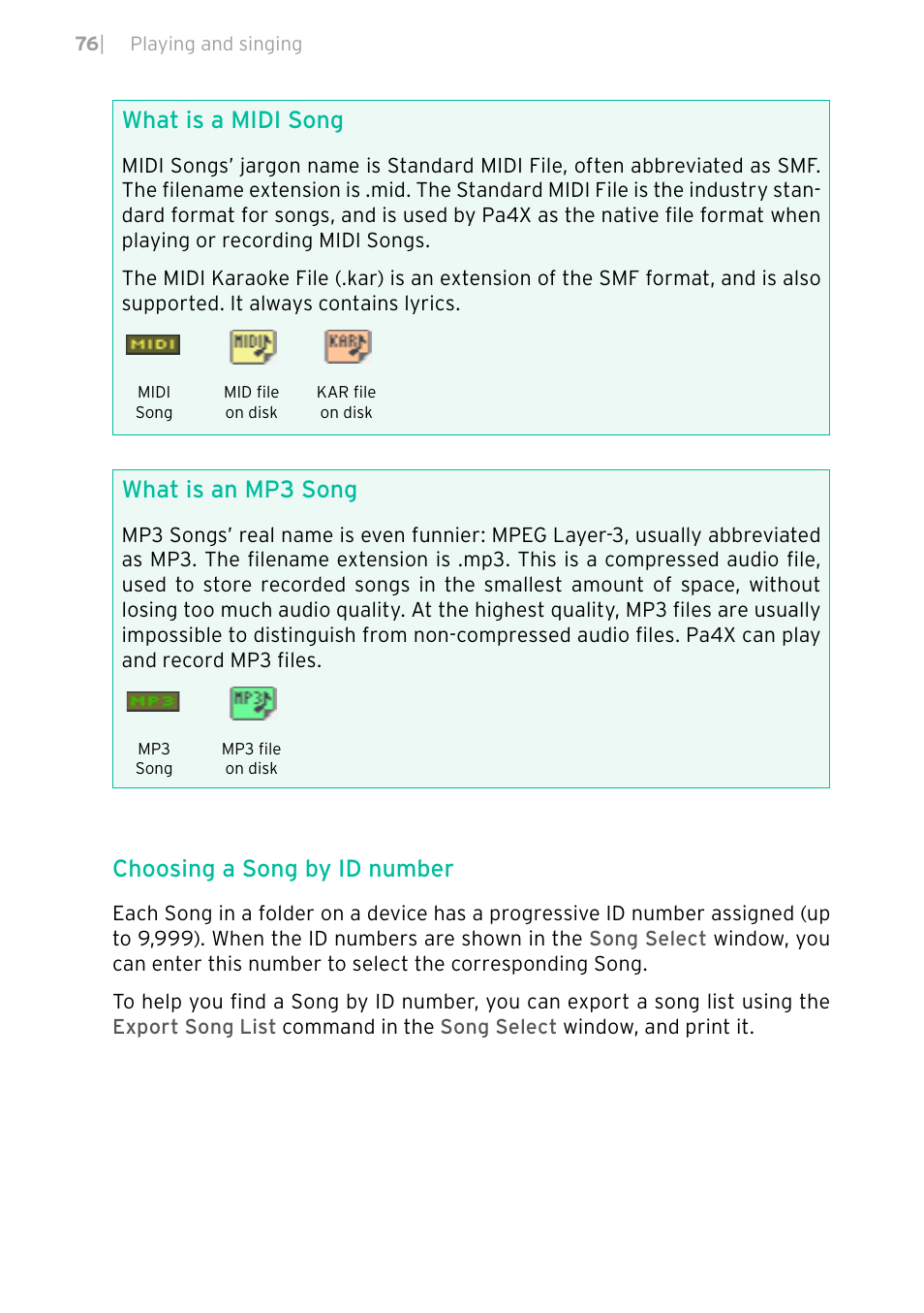 What is a midi song, What is an mp3 song, Choosing a song by id number | KORG PA4X 76 User Manual | Page 80 / 1074