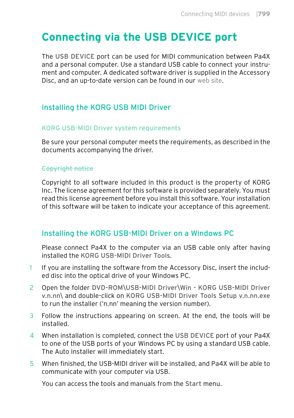 Connecting via the usb device port, 799 connecting via the usb device port | KORG PA4X 76 User Manual | Page 803 / 1074