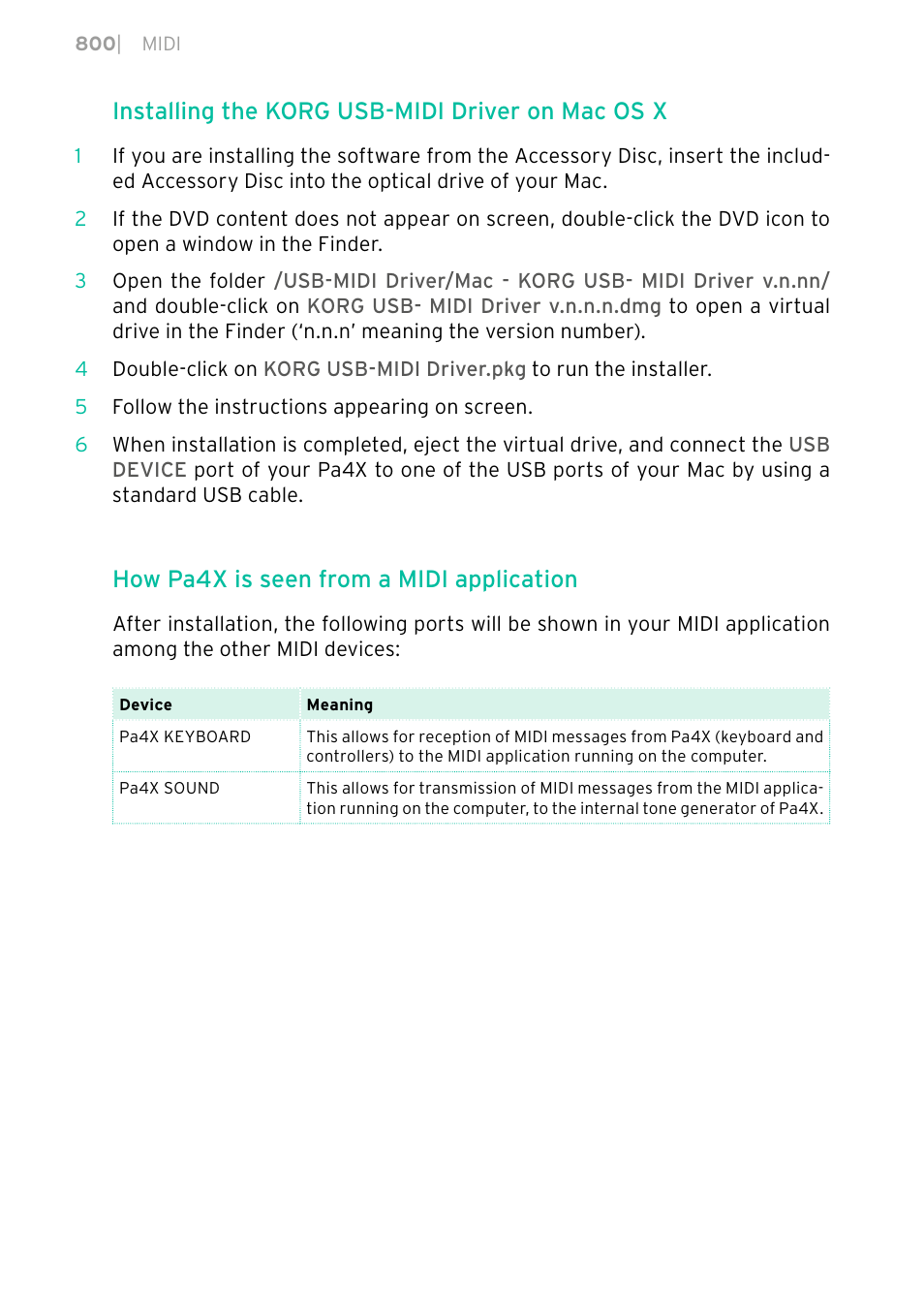 Installing the korg usb-midi driver on mac os x, How pa4x is seen from a midi application | KORG PA4X 76 User Manual | Page 804 / 1074