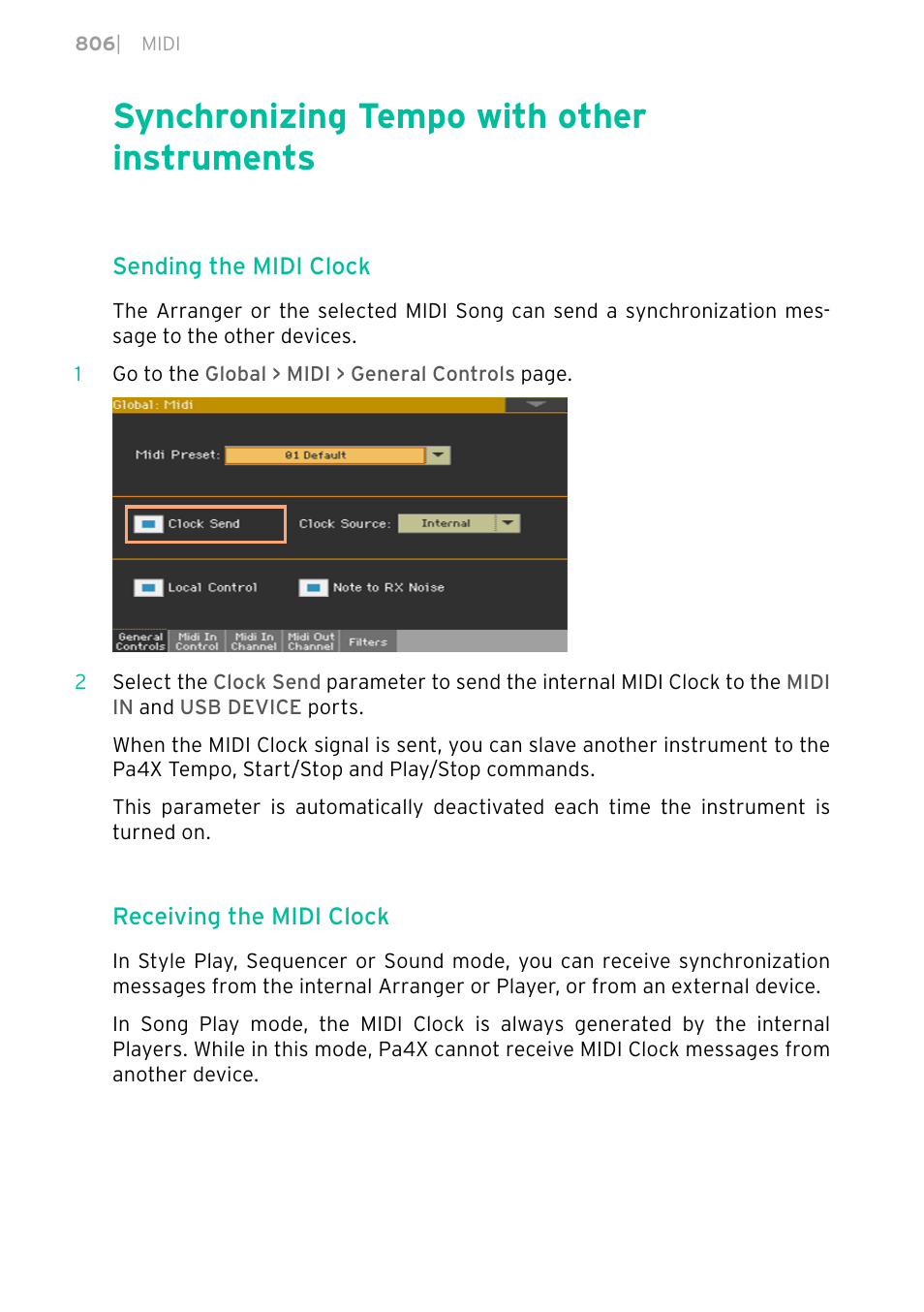 Synchronizing tempo with other instruments, 806 synchronizing tempo with other instruments | KORG PA4X 76 User Manual | Page 810 / 1074