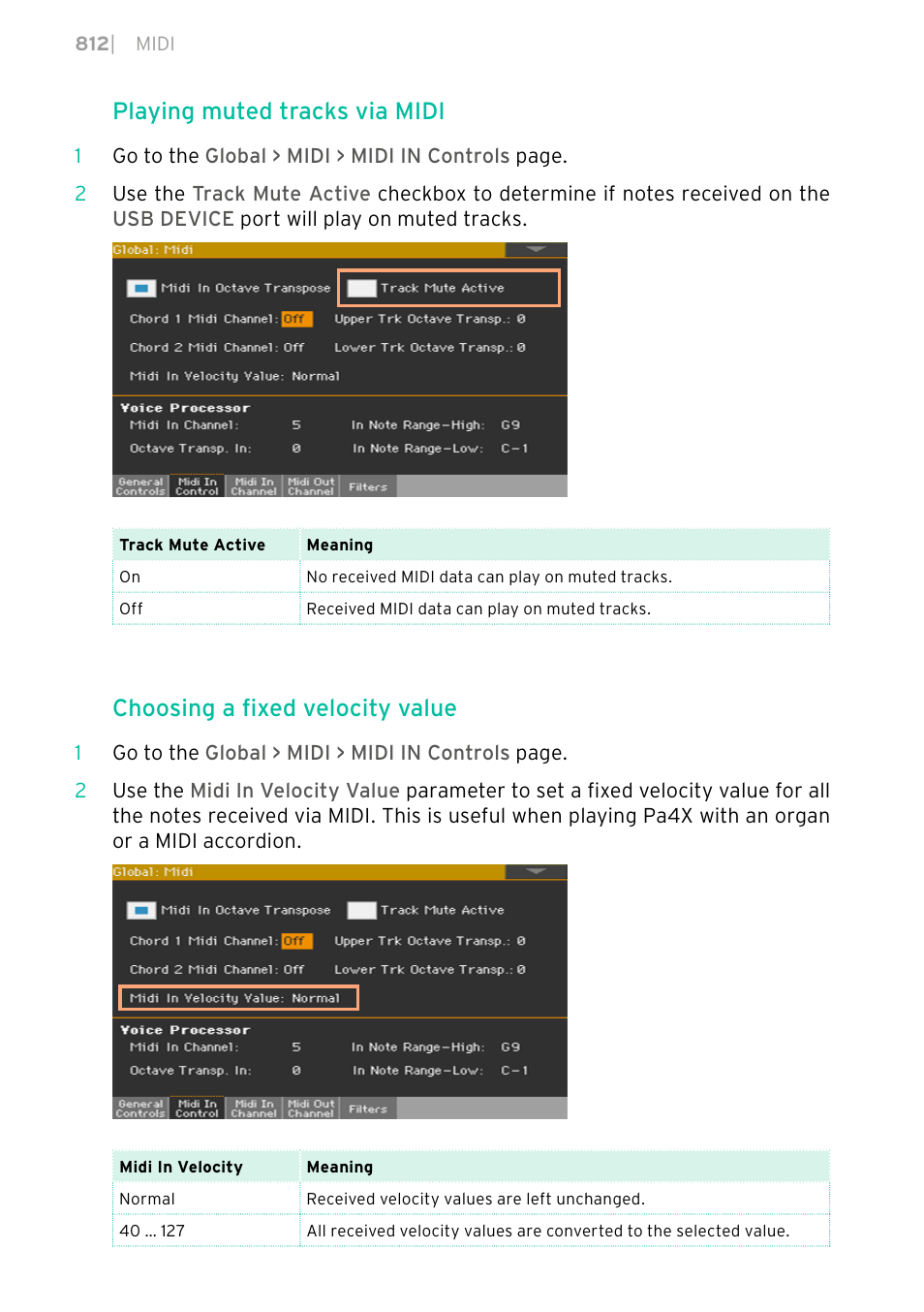 Playing muted tracks via midi, Choosing a fixed velocity value | KORG PA4X 76 User Manual | Page 816 / 1074