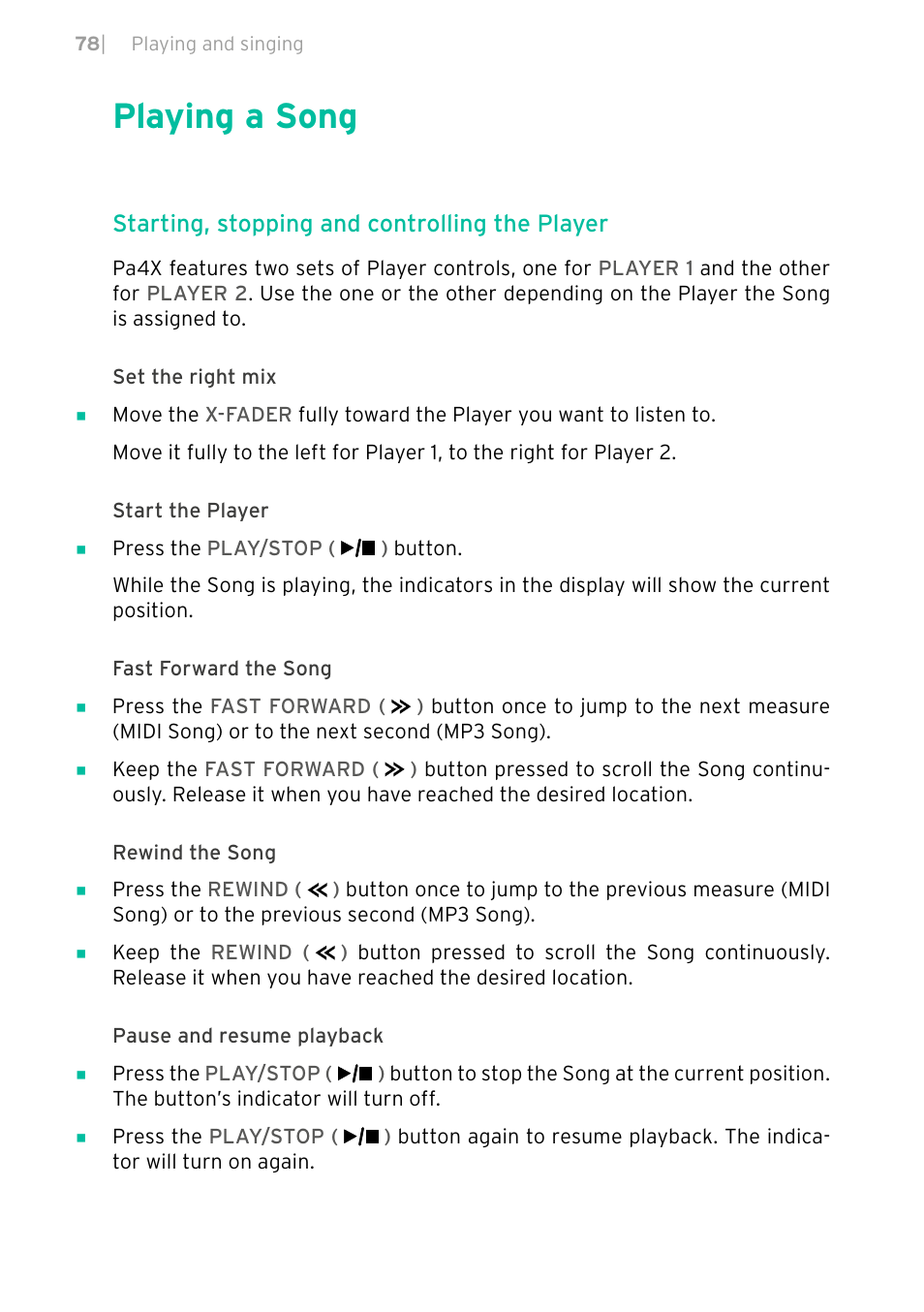 Playing a song, Starting, stopping and controlling the player | KORG PA4X 76 User Manual | Page 82 / 1074