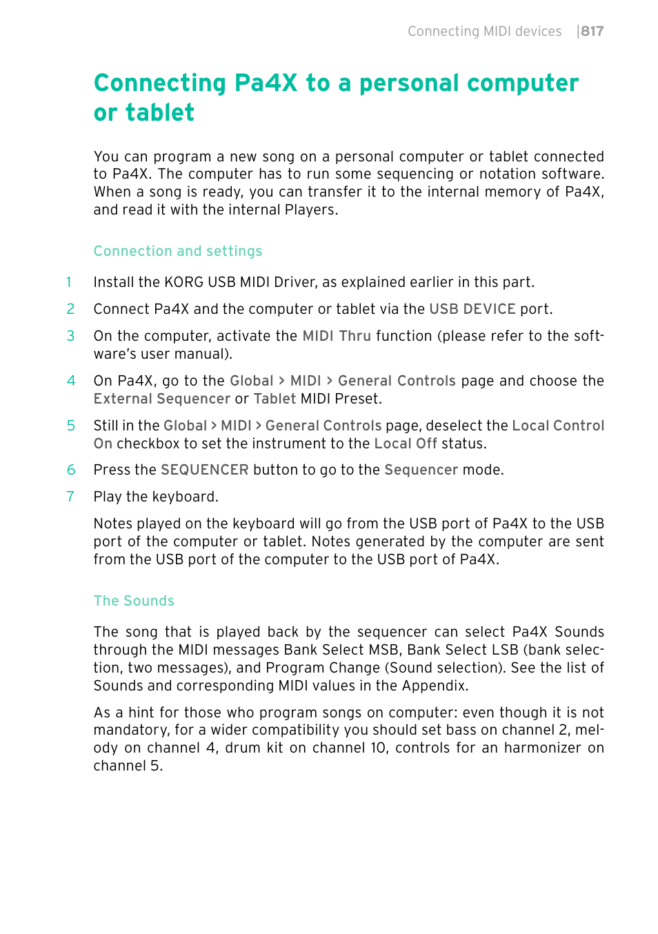 Connecting pa4x to a personal computer or tablet | KORG PA4X 76 User Manual | Page 821 / 1074