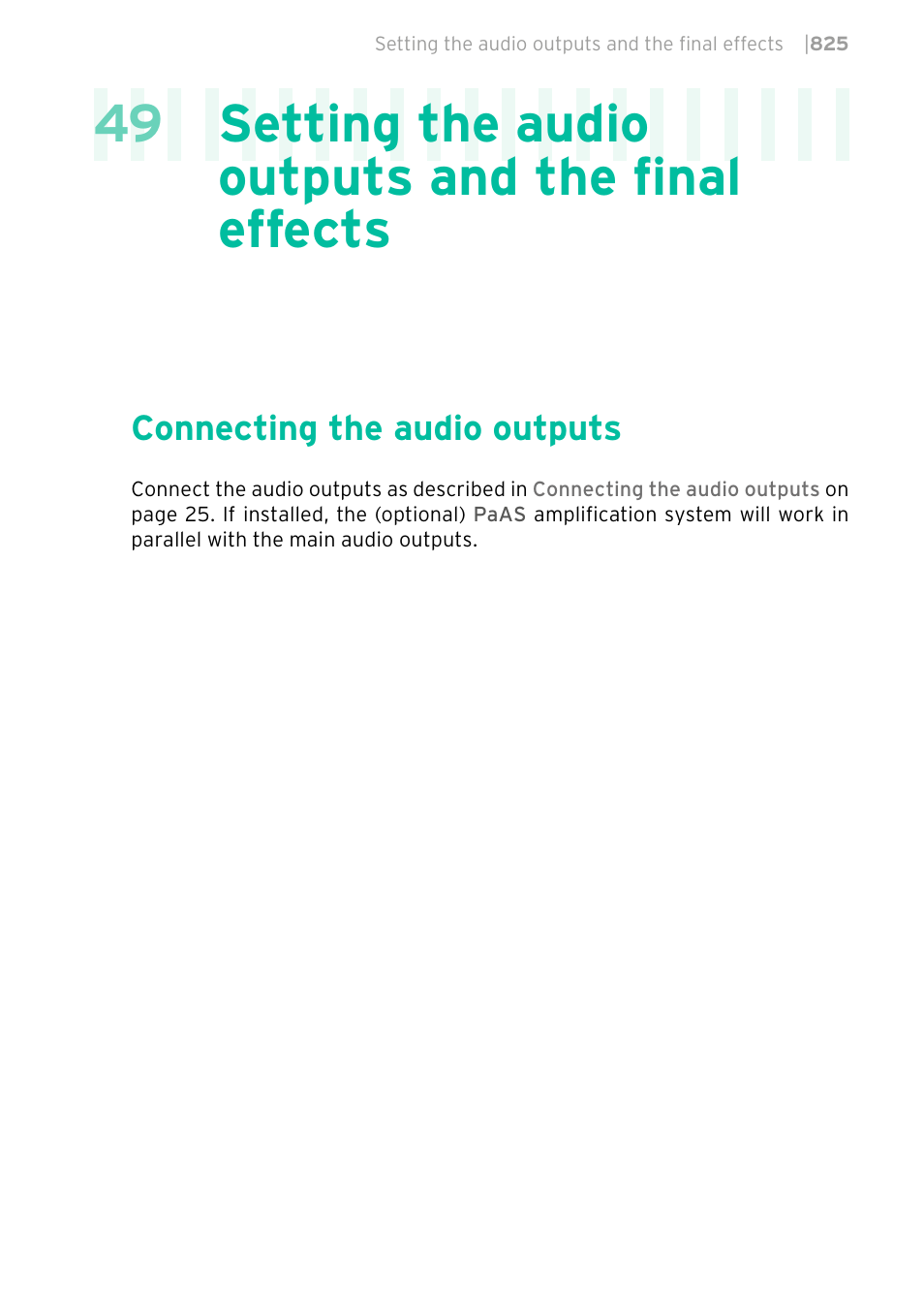 Setting the audio outputs and the final effects, Connecting the audio outputs, 825 connecting the audio outputs | 49 setting the audio outputs and the final effects | KORG PA4X 76 User Manual | Page 829 / 1074