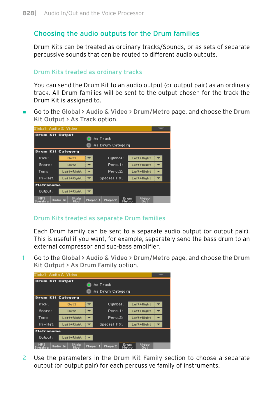 Choosing the audio outputs for the drum families | KORG PA4X 76 User Manual | Page 832 / 1074