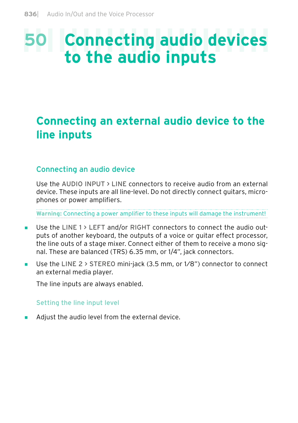 Connecting audio devices to the audio inputs, 50 connecting audio devices to the audio inputs | KORG PA4X 76 User Manual | Page 840 / 1074