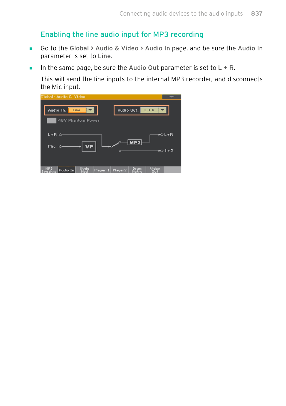 Enabling the line audio input for mp3 recording | KORG PA4X 76 User Manual | Page 841 / 1074