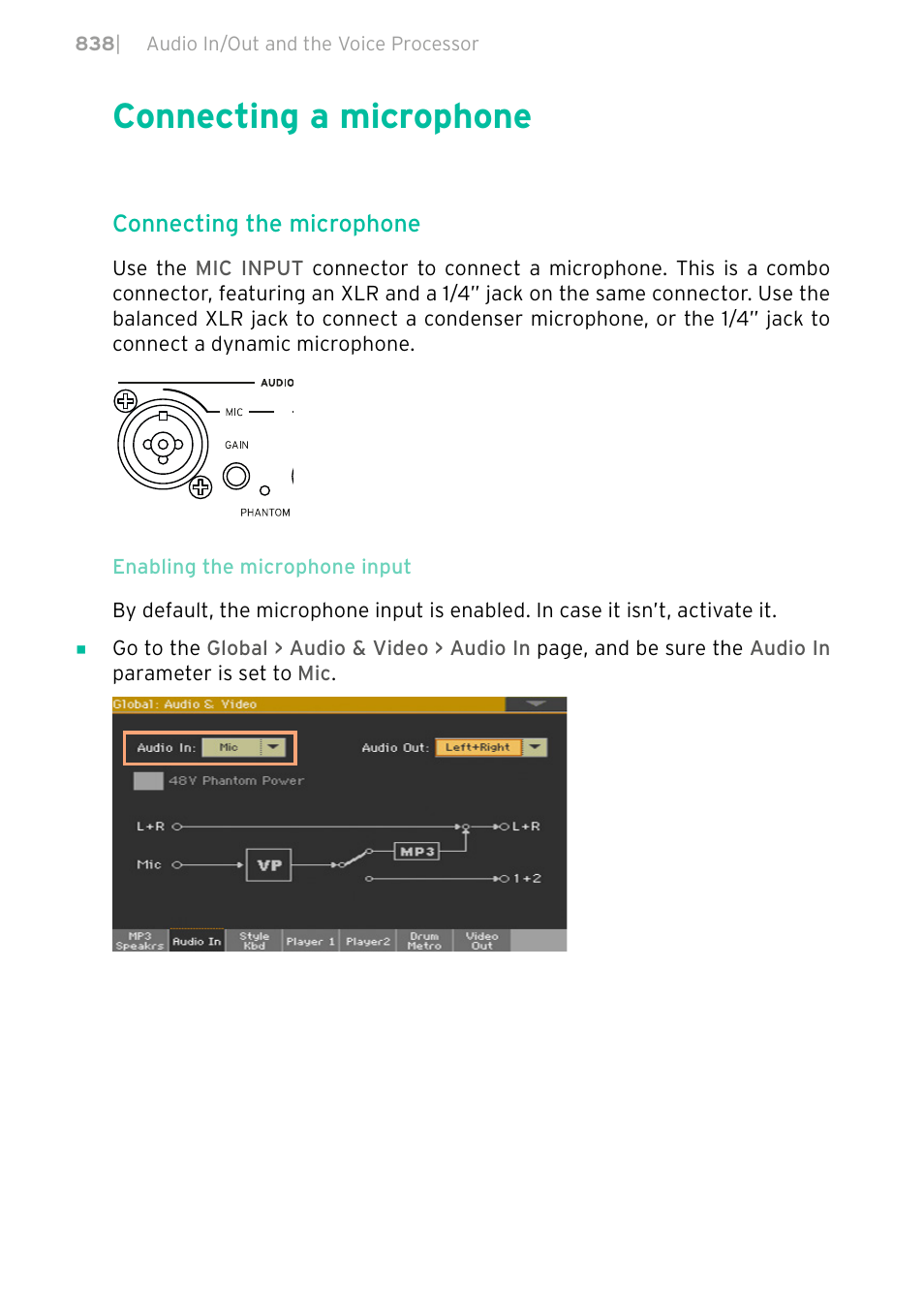 Connecting a microphone, 838 connecting a microphone | KORG PA4X 76 User Manual | Page 842 / 1074