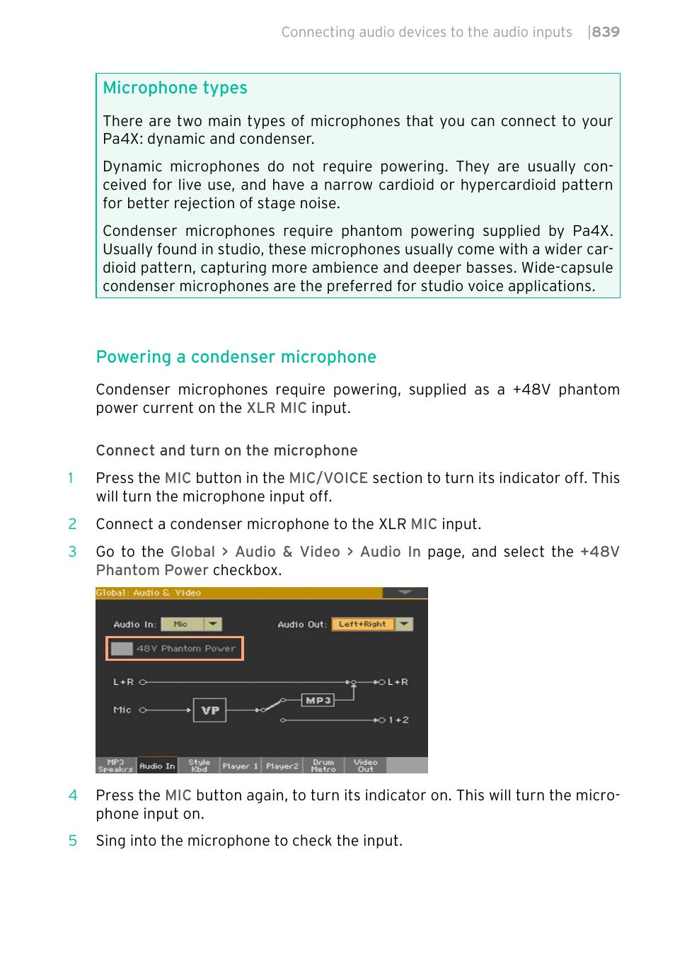 Microphone types, Powering a condenser microphone | KORG PA4X 76 User Manual | Page 843 / 1074