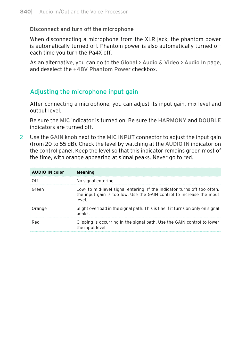 Adjusting the microphone input gain | KORG PA4X 76 User Manual | Page 844 / 1074