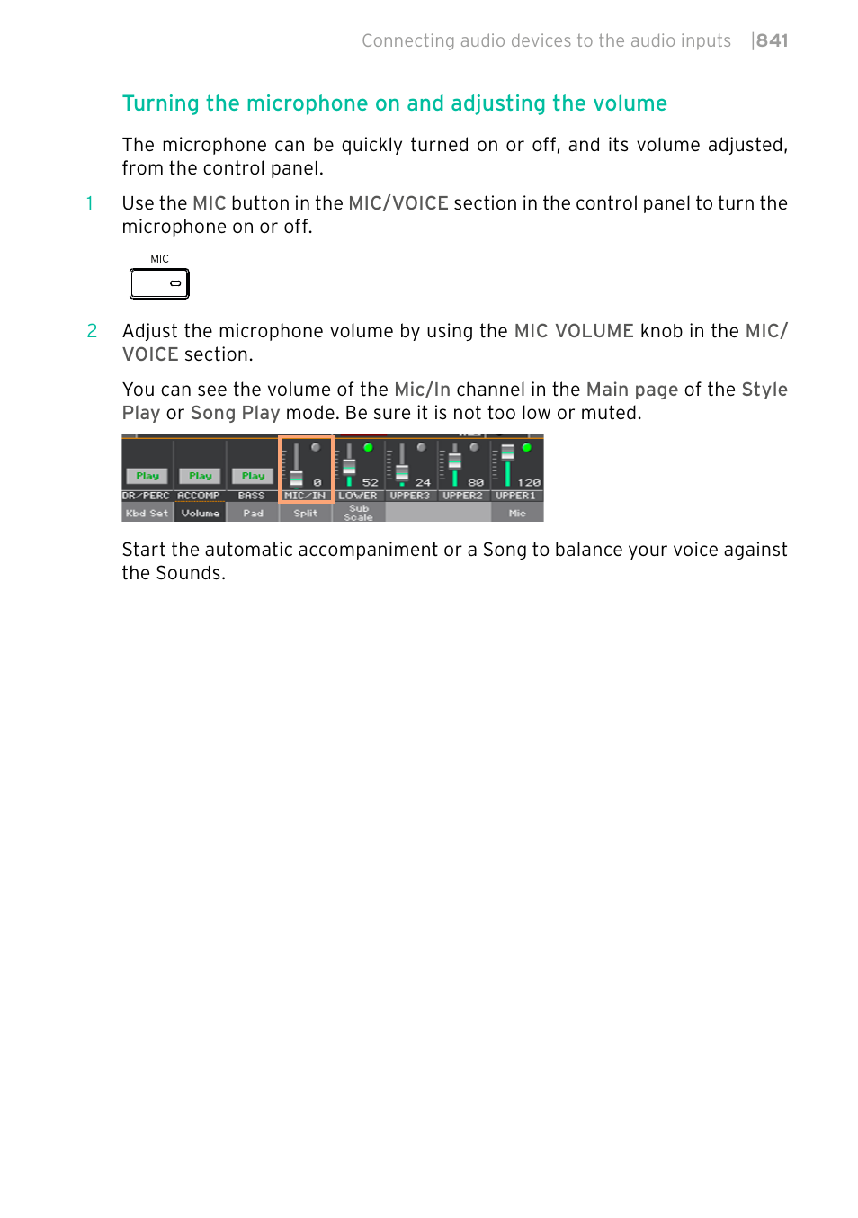 Turning the microphone on and adjusting the volume | KORG PA4X 76 User Manual | Page 845 / 1074