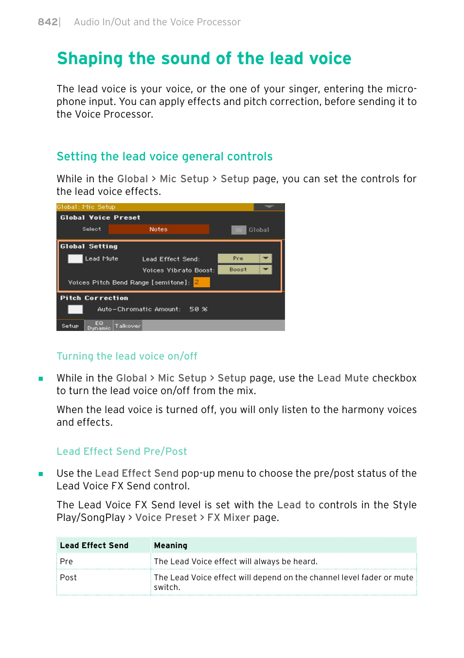 Shaping the sound of the lead voice, 842 shaping the sound of the lead voice, Setting the lead voice general controls | KORG PA4X 76 User Manual | Page 846 / 1074