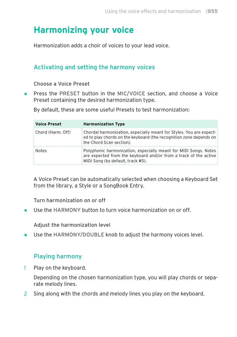 Harmonizing your voice, 855 harmonizing your voice, Activating and setting the harmony voices | Playing harmony | KORG PA4X 76 User Manual | Page 859 / 1074