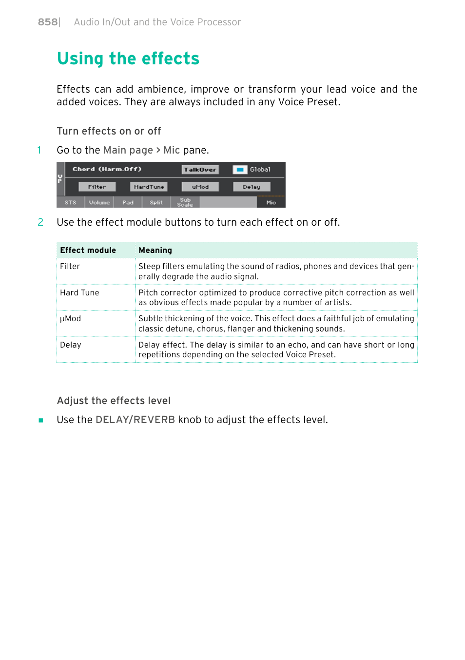 Using the effects, 858 using the effects | KORG PA4X 76 User Manual | Page 862 / 1074