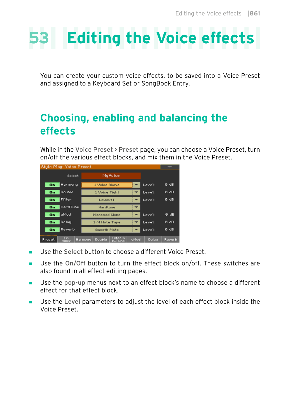 Editing the voice effects, Choosing, enabling and balancing the effects, 53 editing the voice effects | KORG PA4X 76 User Manual | Page 865 / 1074