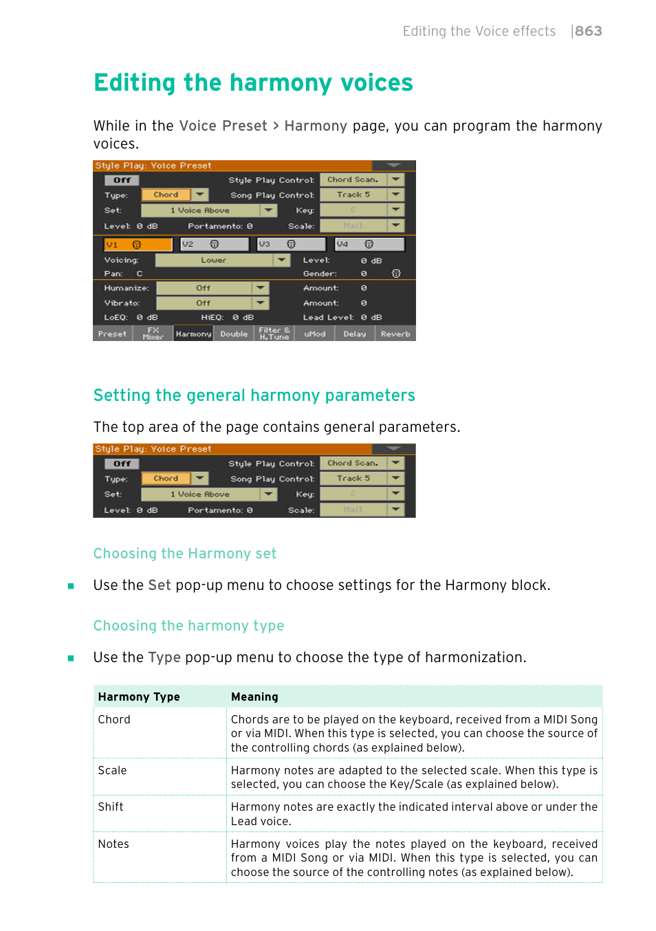 Editing the harmony voices, 863 editing the harmony voices, Setting the general harmony parameters | KORG PA4X 76 User Manual | Page 867 / 1074