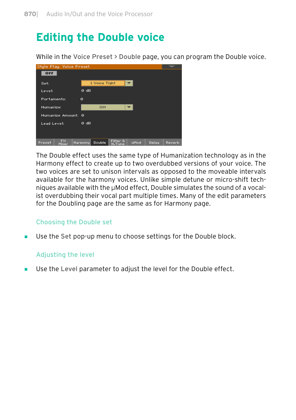 Editing the double voice, 870 editing the double voice | KORG PA4X 76 User Manual | Page 874 / 1074