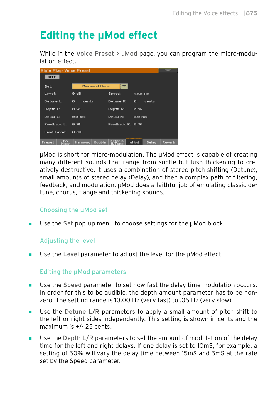 Editing the μmod effect, 875 editing the, Μmod effect | KORG PA4X 76 User Manual | Page 879 / 1074