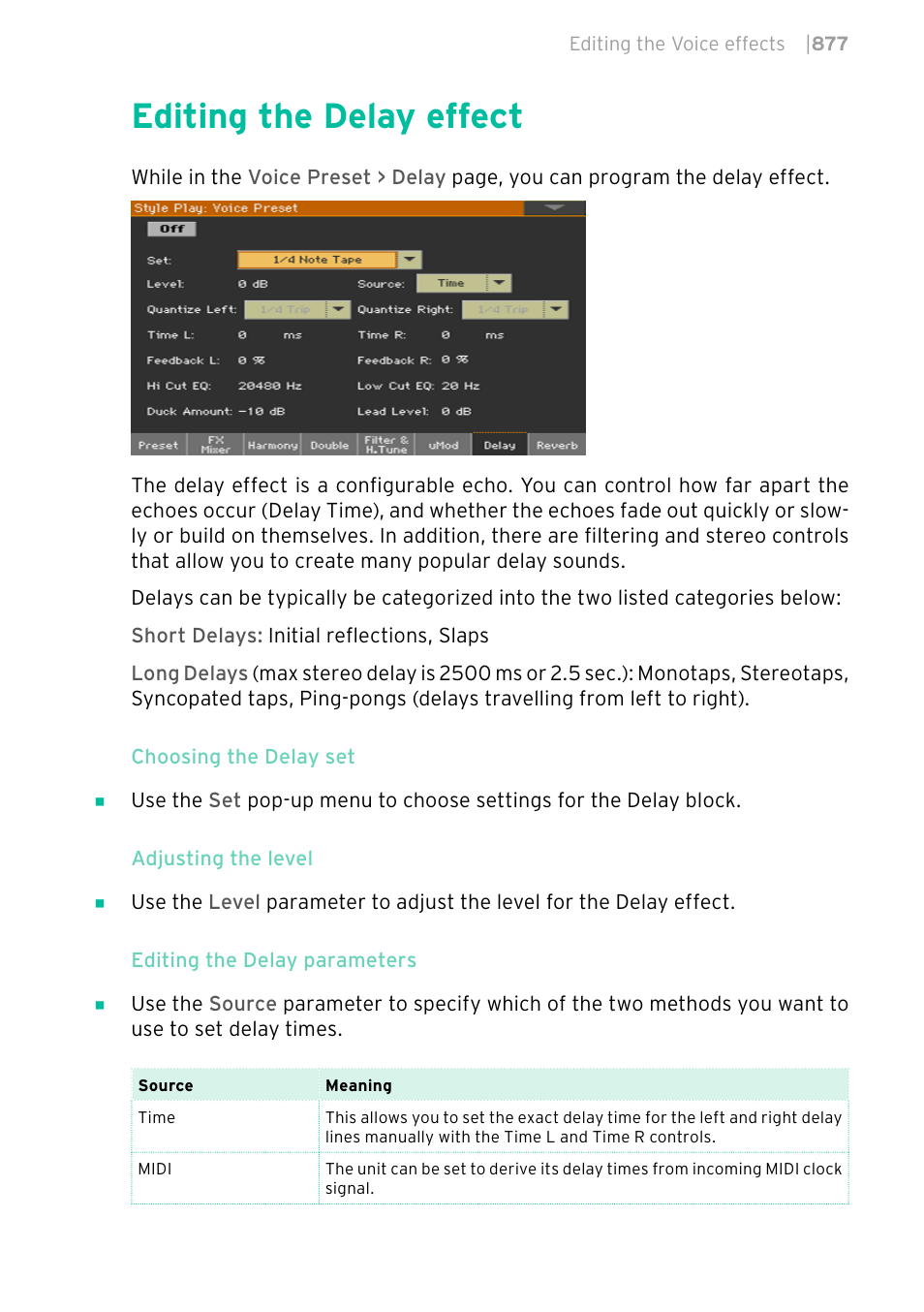 Editing the delay effect, 877 editing the delay effect | KORG PA4X 76 User Manual | Page 881 / 1074
