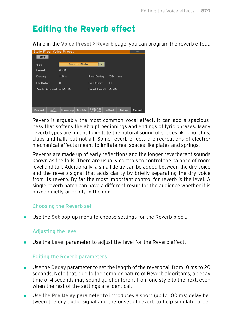 Editing the reverb effect, 879 editing the reverb effect | KORG PA4X 76 User Manual | Page 883 / 1074