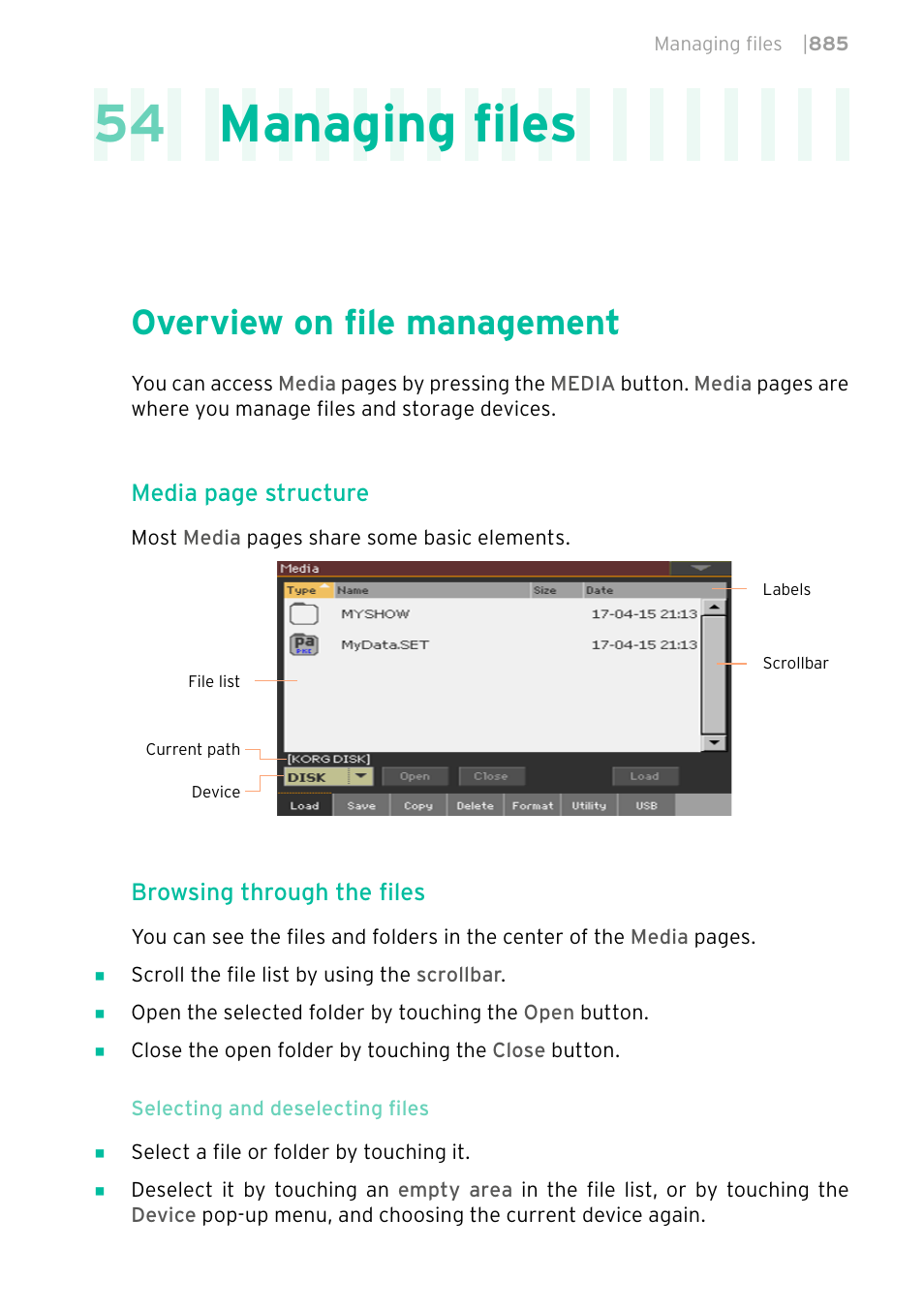 Managing files, Overview on file management, 885 overview on file management | 54 managing files | KORG PA4X 76 User Manual | Page 889 / 1074