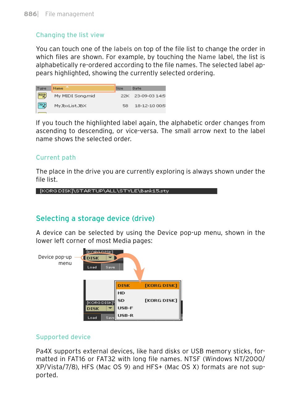 Selecting a storage device (drive) | KORG PA4X 76 User Manual | Page 890 / 1074