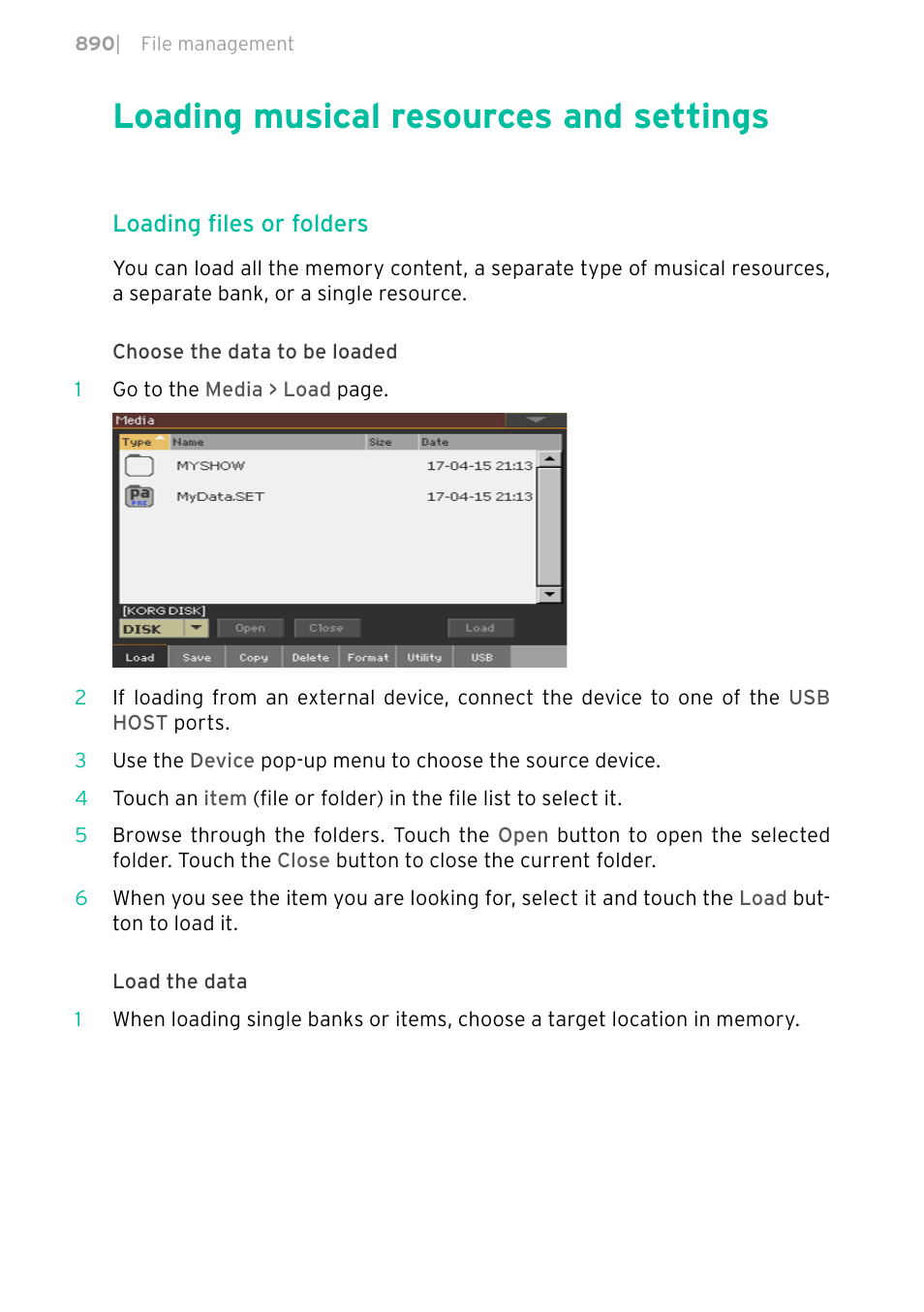 Loading musical resources and settings, 890 loading musical resources and settings, Loading files or folders | KORG PA4X 76 User Manual | Page 894 / 1074