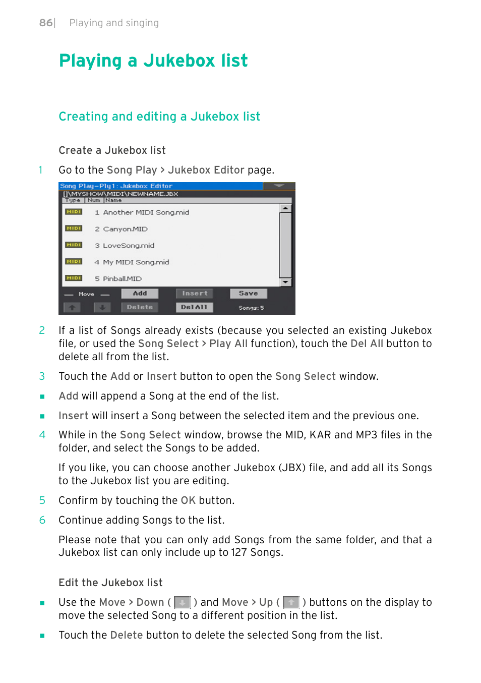 Playing a jukebox list, Creating and editing a jukebox list | KORG PA4X 76 User Manual | Page 90 / 1074