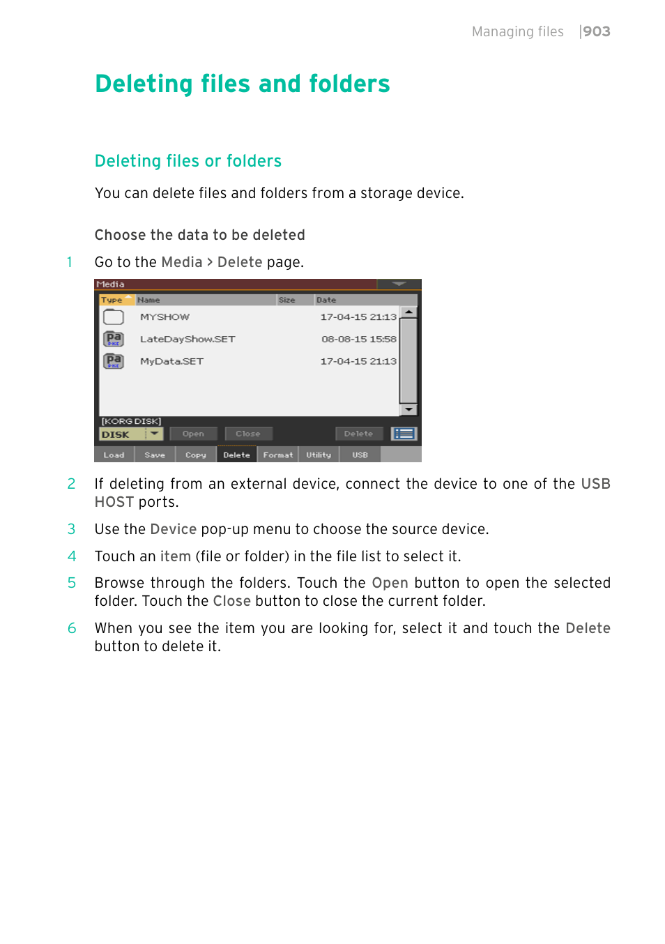 Deleting files and folders, 903 deleting files and folders, Deleting files or folders | KORG PA4X 76 User Manual | Page 907 / 1074