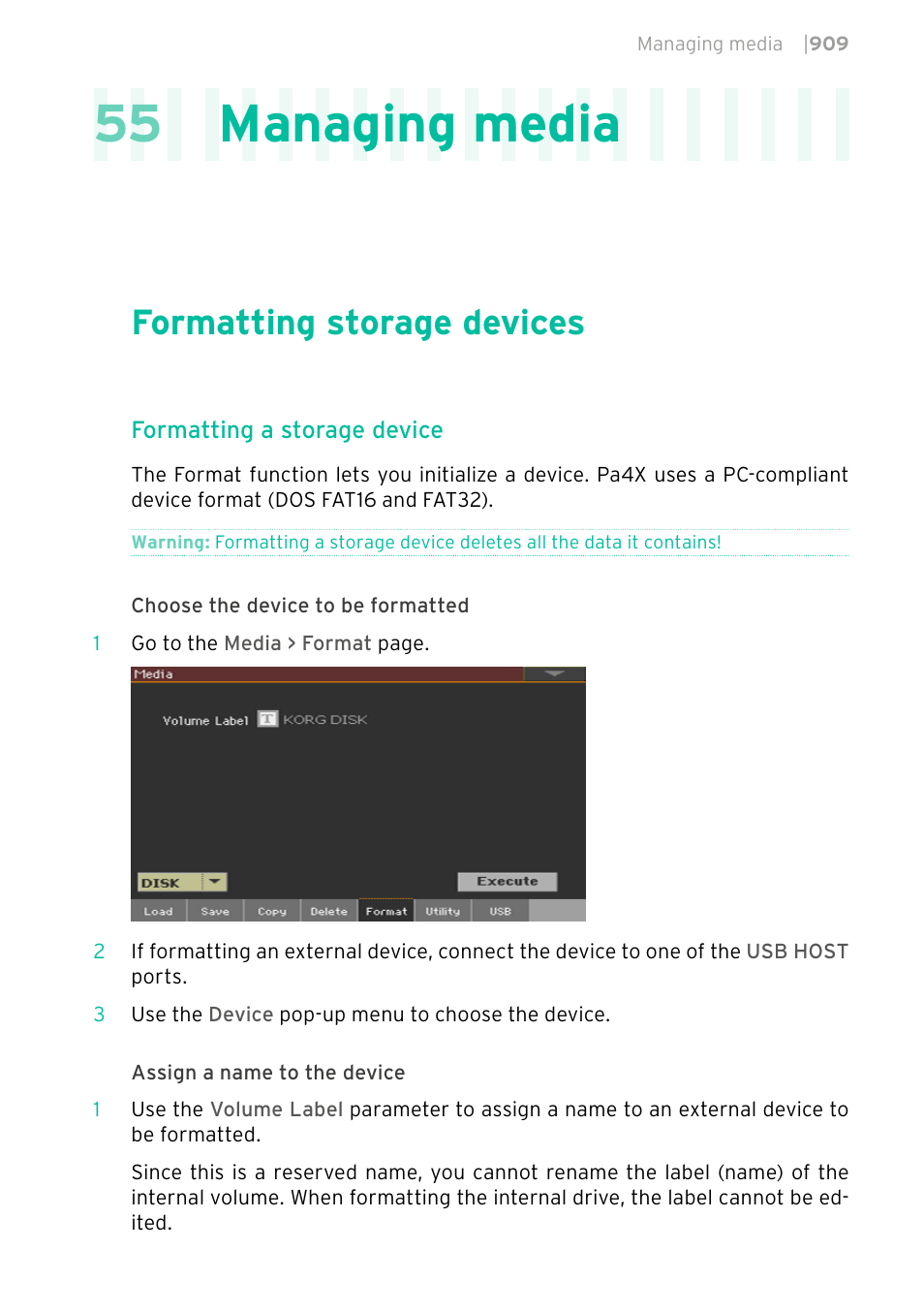 Managing media, Formatting storage devices, 909 formatting storage devices | 55 managing media | KORG PA4X 76 User Manual | Page 913 / 1074
