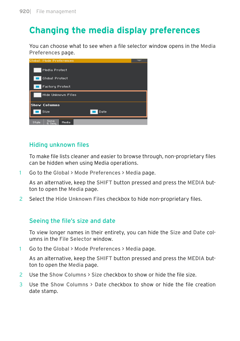 Changing the media display preferences, 920 changing the media display preferences, Hiding unknown files | Seeing the file’s size and date | KORG PA4X 76 User Manual | Page 924 / 1074