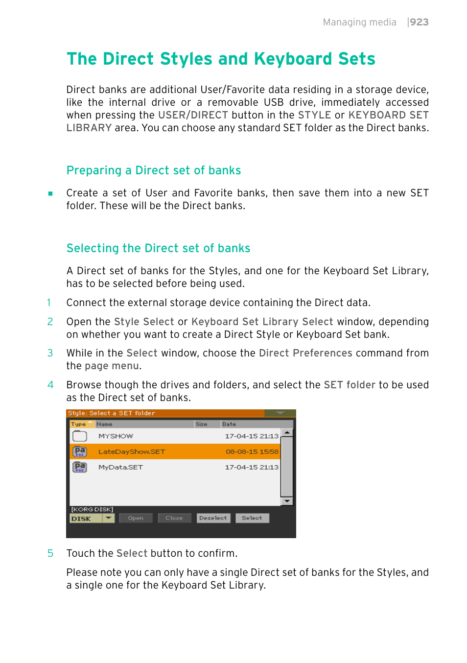 The direct styles and keyboard sets, 923 the direct styles and keyboard sets, Preparing a direct set of banks | Selecting the direct set of banks | KORG PA4X 76 User Manual | Page 927 / 1074