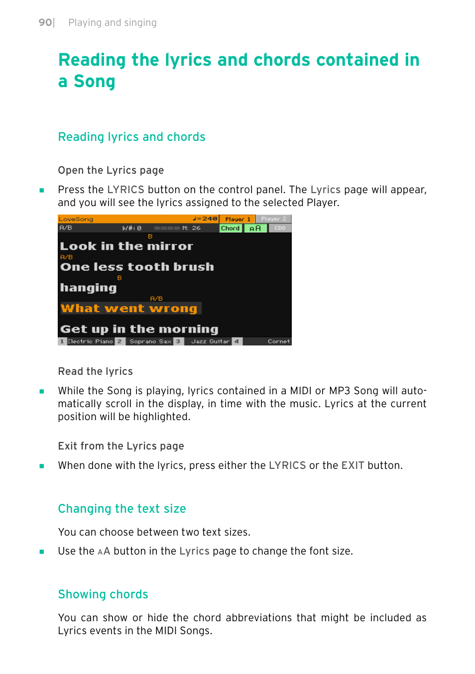 Reading the lyrics and chords contained in a song, Reading lyrics and chords, Changing the text size | Showing chords | KORG PA4X 76 User Manual | Page 94 / 1074