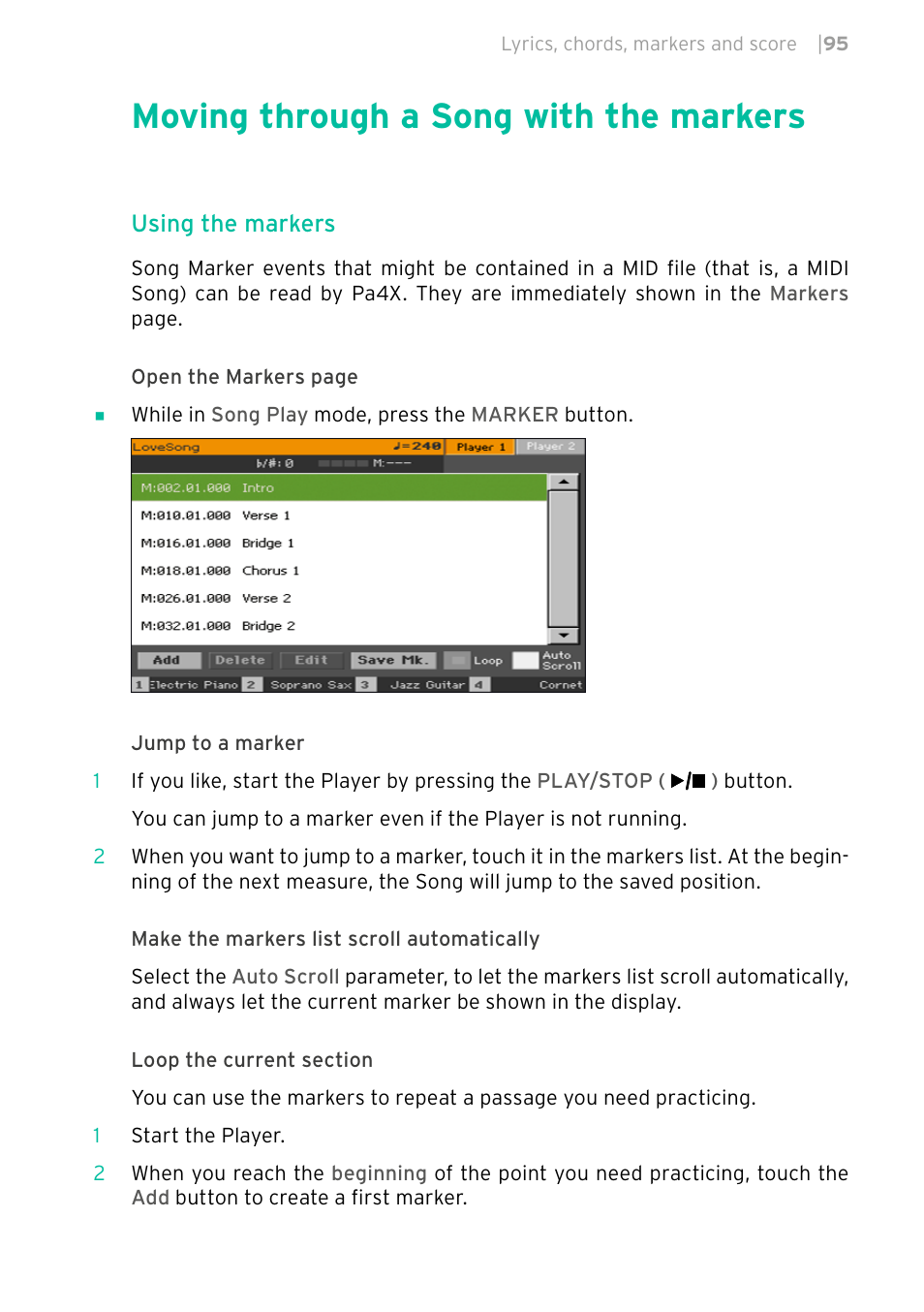 Moving through a song with the markers, Using the markers | KORG PA4X 76 User Manual | Page 99 / 1074