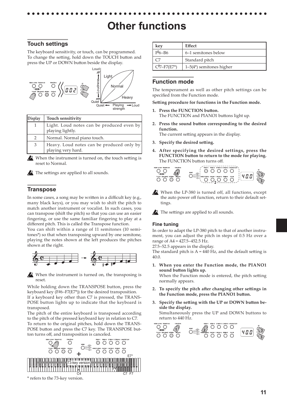 Other functions, Touch settings, Transpose | Function mode, Touch settings transpose function mode, 11 touch settings | KORG LP-380-73 User Manual | Page 11 / 71