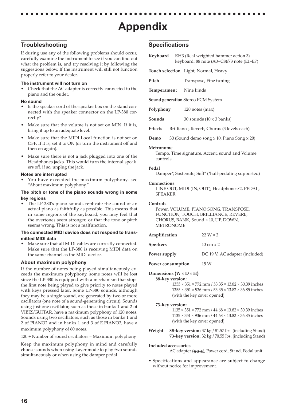 Appendix, Troubleshooting, Specifications | Troubleshooting specifications, Refer to “about maximum polyphony, Refer to “about maximum, 16 specifications | KORG LP-380-73 User Manual | Page 16 / 71