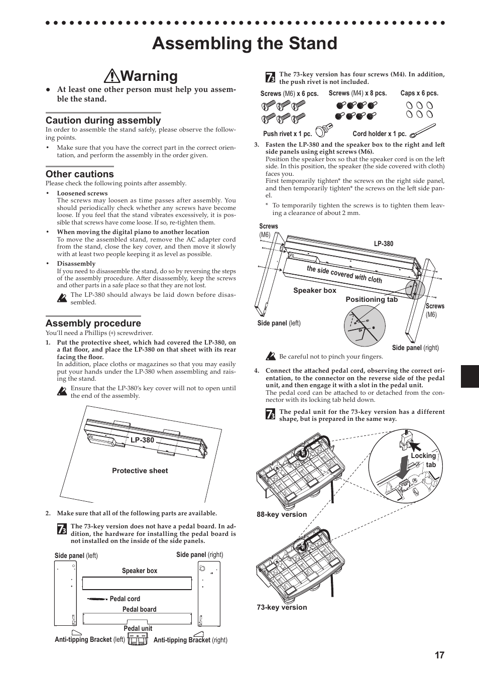 Assembling the stand, Caution during assembly, Other cautions | Assembly procedure, Warning | KORG LP-380-73 User Manual | Page 17 / 71