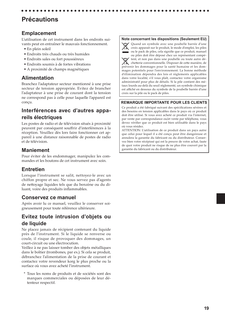 Français, Précautions, Emplacement | Alimentation, Maniement, Entretien, Conservez ce manuel, Evitez toute intrusion d’objets ou de liquide | KORG LP-380-73 User Manual | Page 19 / 71