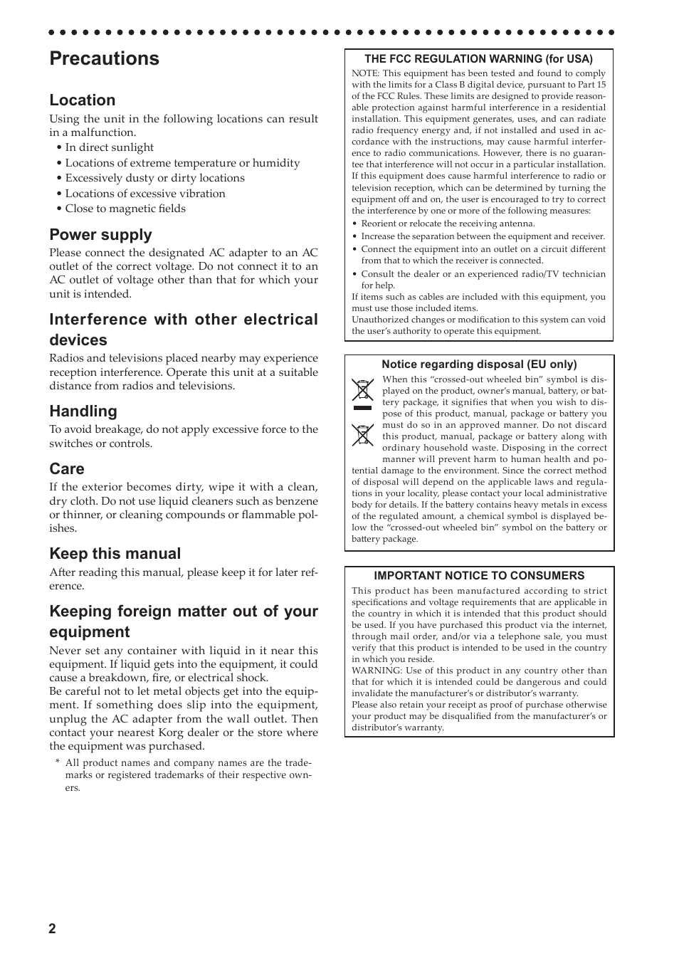 English, Precautions, Location | Power supply, Interference with other electrical devices, Handling, Care, Keep this manual, Keeping foreign matter out of your equipment | KORG LP-380-73 User Manual | Page 2 / 71