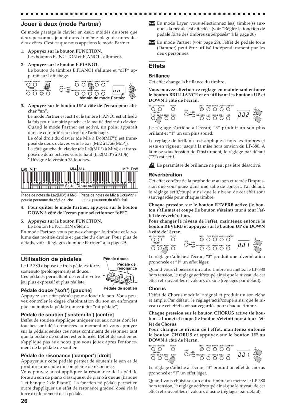 Jouer à deux (mode partner), Utilisation de pédales, Effets | KORG LP-380-73 User Manual | Page 26 / 71