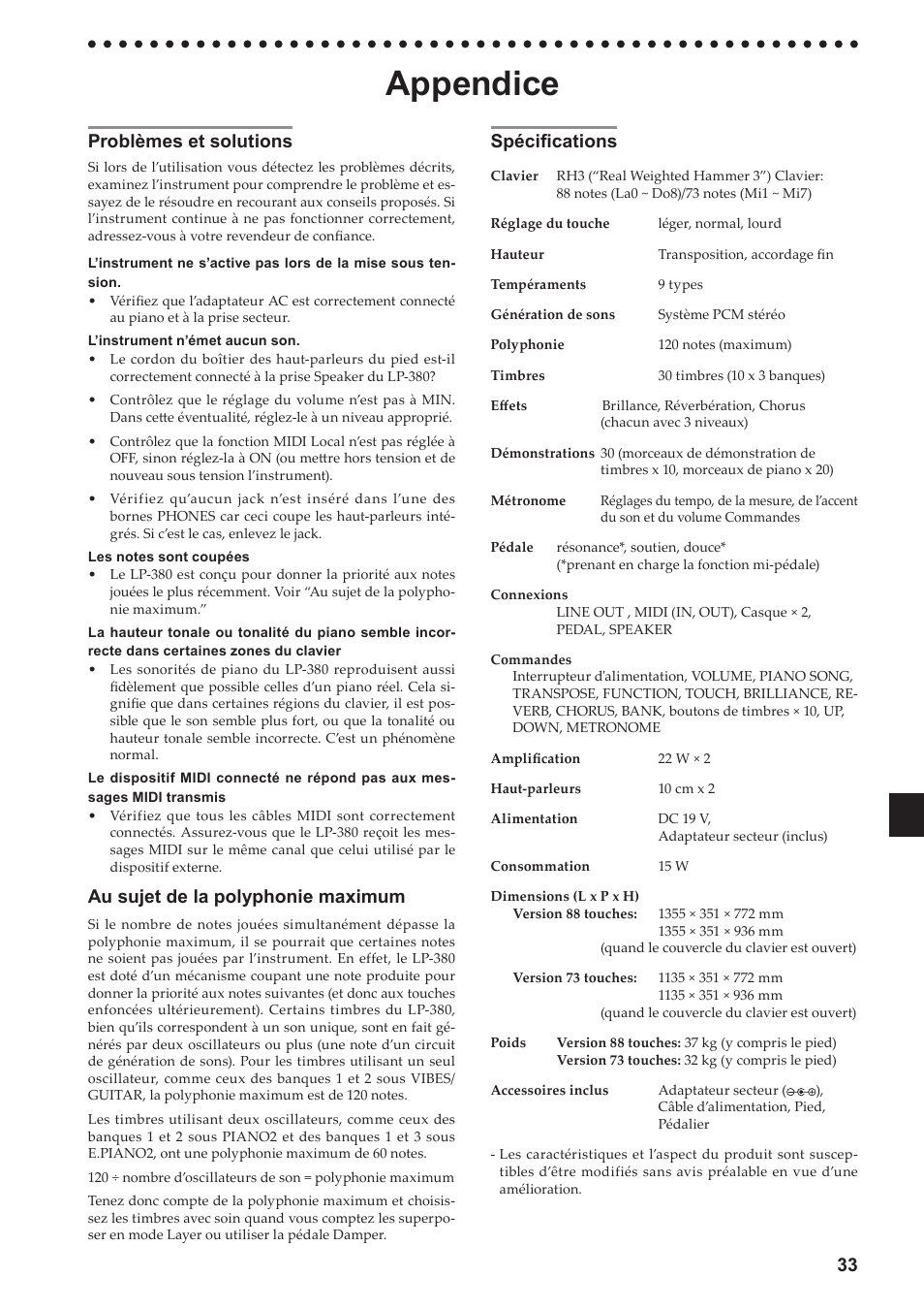 Appendice, Problèmes et solutions, Spécifications | Problèmes et solutions spécifications, Voir “au sujet de la polypho, 33 spécifications, Au sujet de la polyphonie maximum | KORG LP-380-73 User Manual | Page 33 / 71