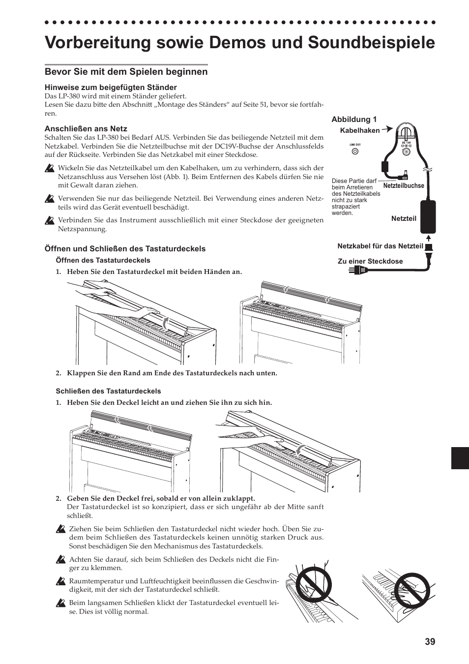 Vorbereitung sowie demos und soundbeispiele, Bevor sie mit dem spielen beginnen, Vorbereitung sowie | Demos und soundbeispiele, Bevor-sie-mit-dem-spielen-beginnen, 39 bevor sie mit dem spielen beginnen | KORG LP-380-73 User Manual | Page 39 / 71