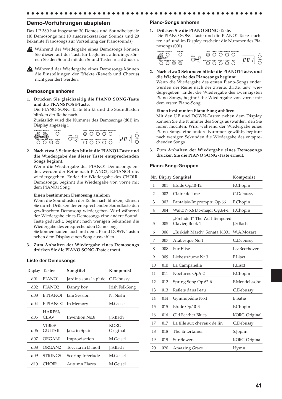 Demo-vorführungen abspielen, Demo-vorführungen-abspielen, 41 demo-vorführungen abspielen | KORG LP-380-73 User Manual | Page 41 / 71