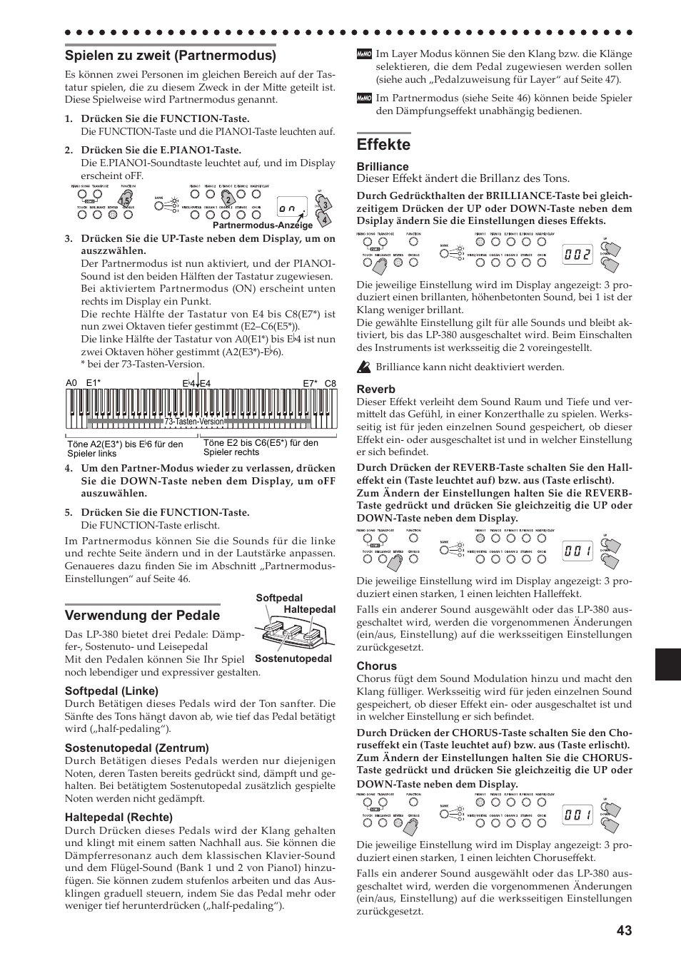 Spielen zu zweit (partnermodus), Verwendung der pedale, Effekte | KORG LP-380-73 User Manual | Page 43 / 71