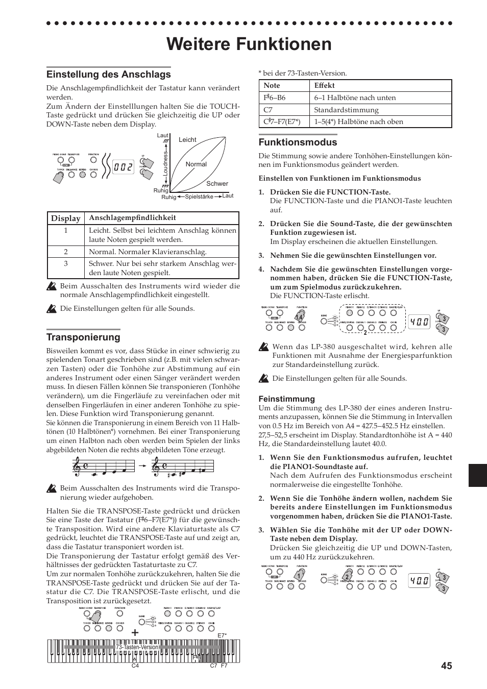 Weitere funktionen, Einstellung des anschlags, Transponierung | Funktionsmodus, N (siehe auch „funktionsmodus“ auf seite 45) | KORG LP-380-73 User Manual | Page 45 / 71