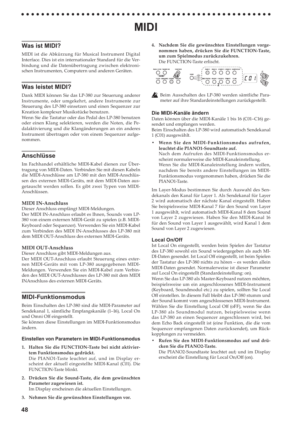 Midi, Was ist midi, Was leistet midi | Anschlüsse, Midi-funktionsmodus, 48 was ist midi | KORG LP-380-73 User Manual | Page 48 / 71