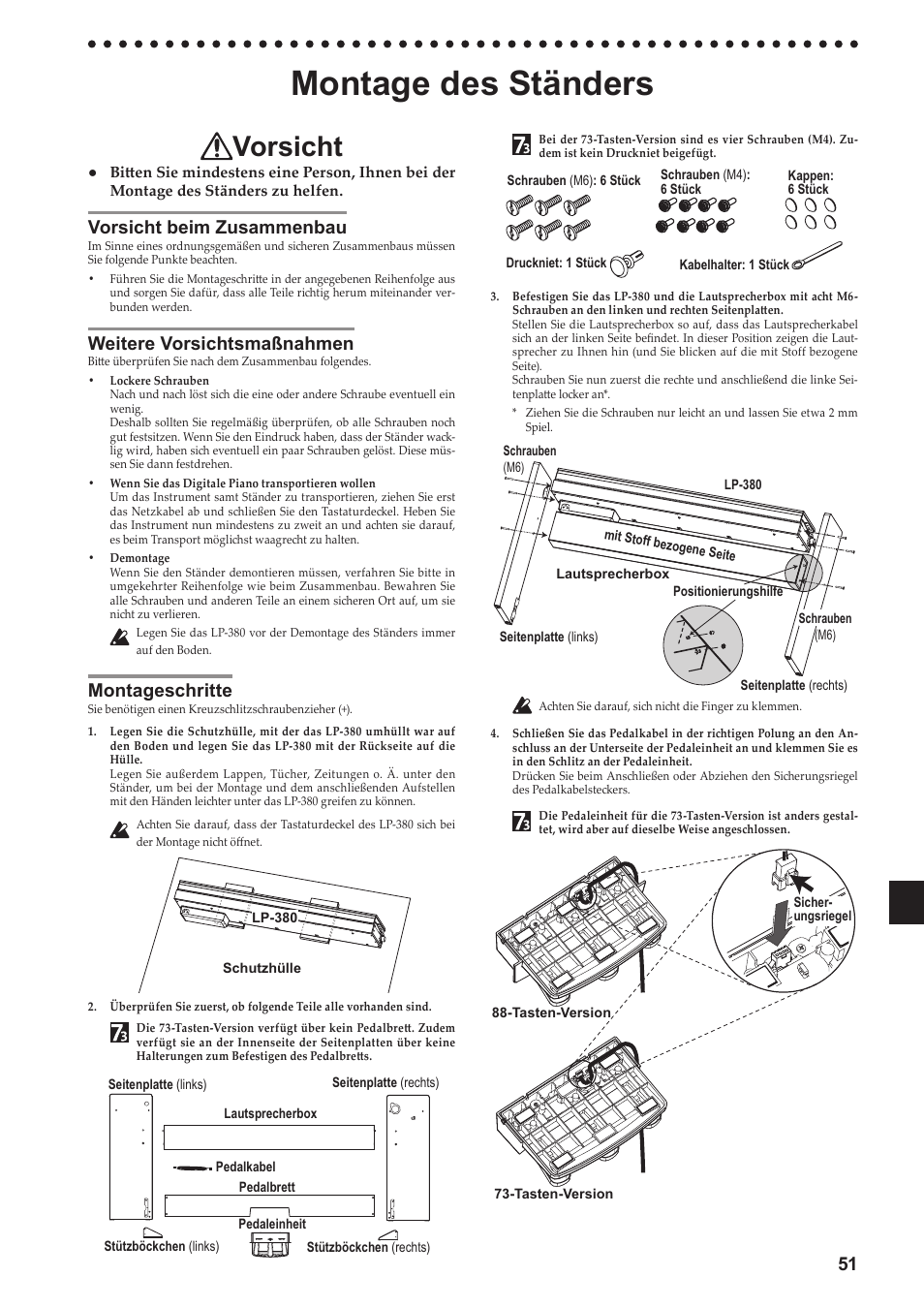 Montage des ständers, Vorsicht beim zusammenbau, Weitere vorsichtsmaßnahmen | Montageschritte, Vorsicht | KORG LP-380-73 User Manual | Page 51 / 71