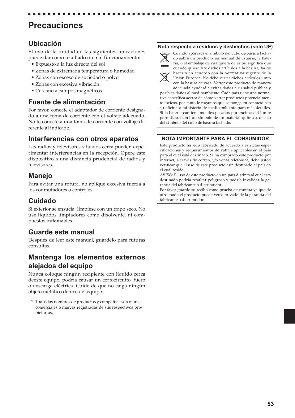 Español, Precauciones, Ubicación | Fuente de alimentación, Interferencias con otros aparatos, Manejo, Cuidado, Guarde este manual | KORG LP-380-73 User Manual | Page 53 / 71