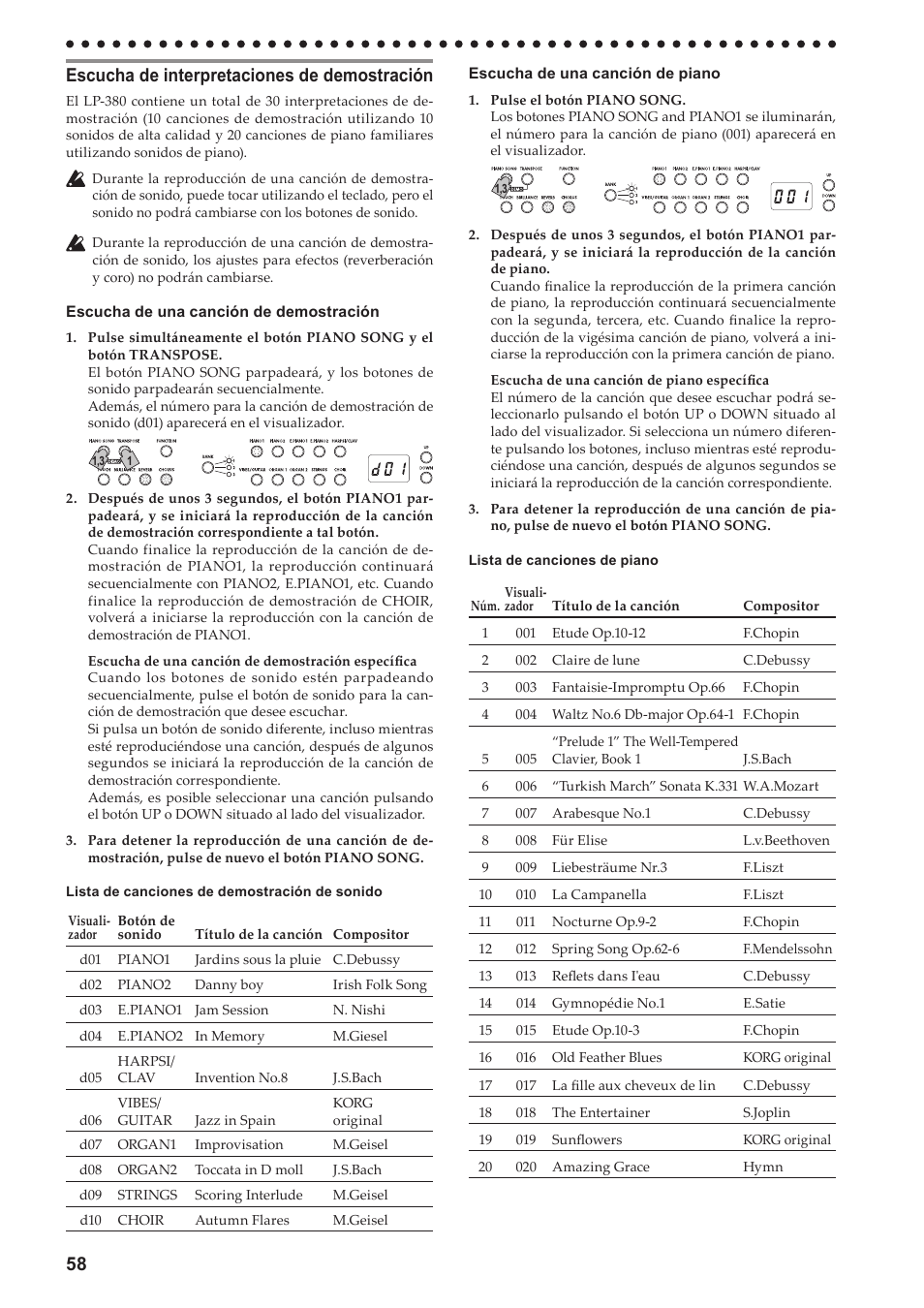 Escucha de interpretaciones de demostración, Escucha de, Interpretaciones de demostración | 58 escucha de interpretaciones de demostración | KORG LP-380-73 User Manual | Page 58 / 71